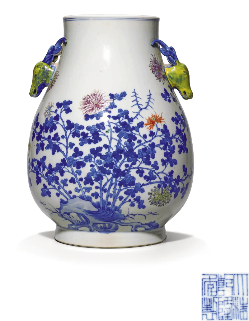 清光绪 青花粉彩花卉纹鹿头尊